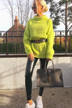 Rebellious Fashion Lime Chunky Knit Jumper Dress - Maci