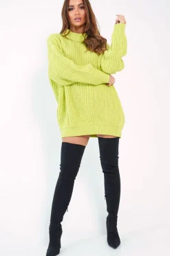 Rebellious Fashion Lime Chunky Knit Jumper Dress - Maci