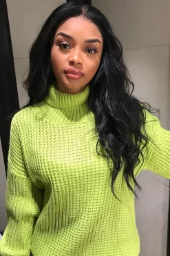 Rebellious Fashion Lime Chunky Knit Jumper Dress - Maci