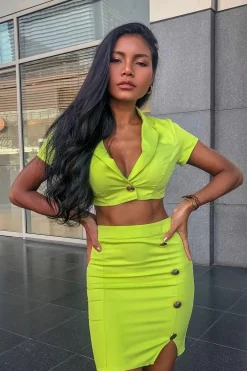 Rebellious Fashion Lime Crop Gold Button Detail Shirt Co-Ord - Kaily
