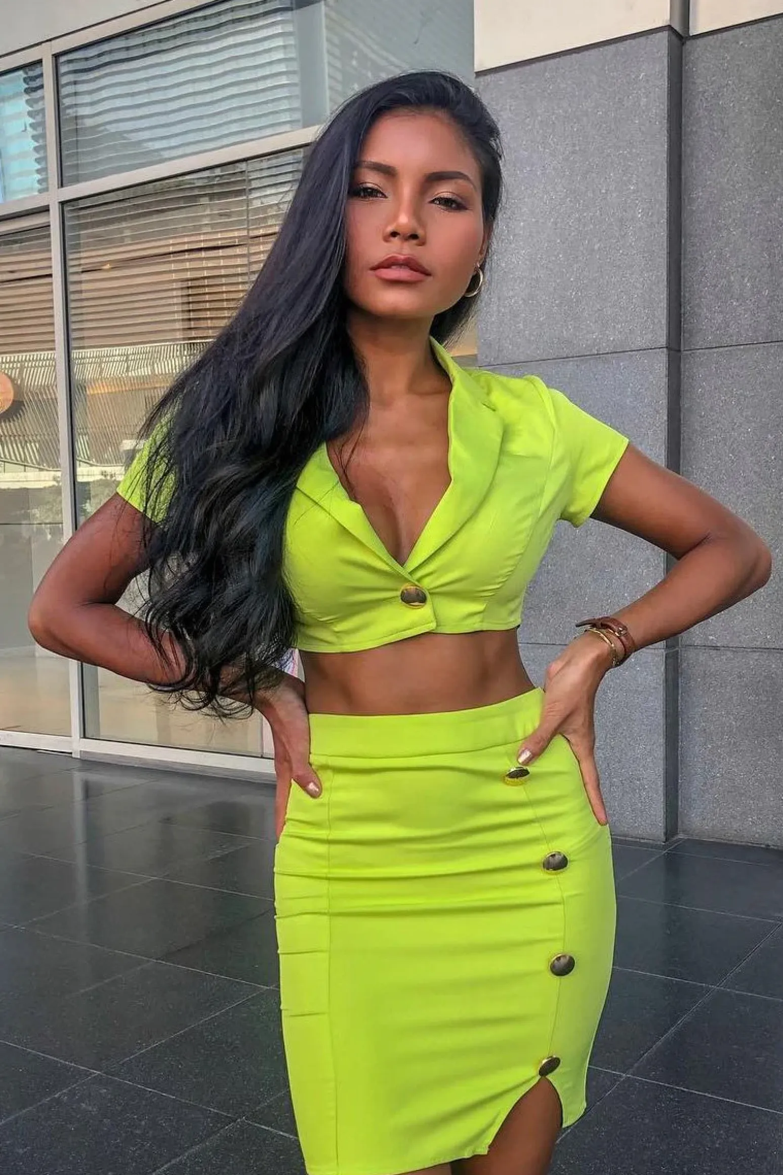 Rebellious Fashion Lime Crop Gold Button Detail Shirt Co-Ord - Kaily