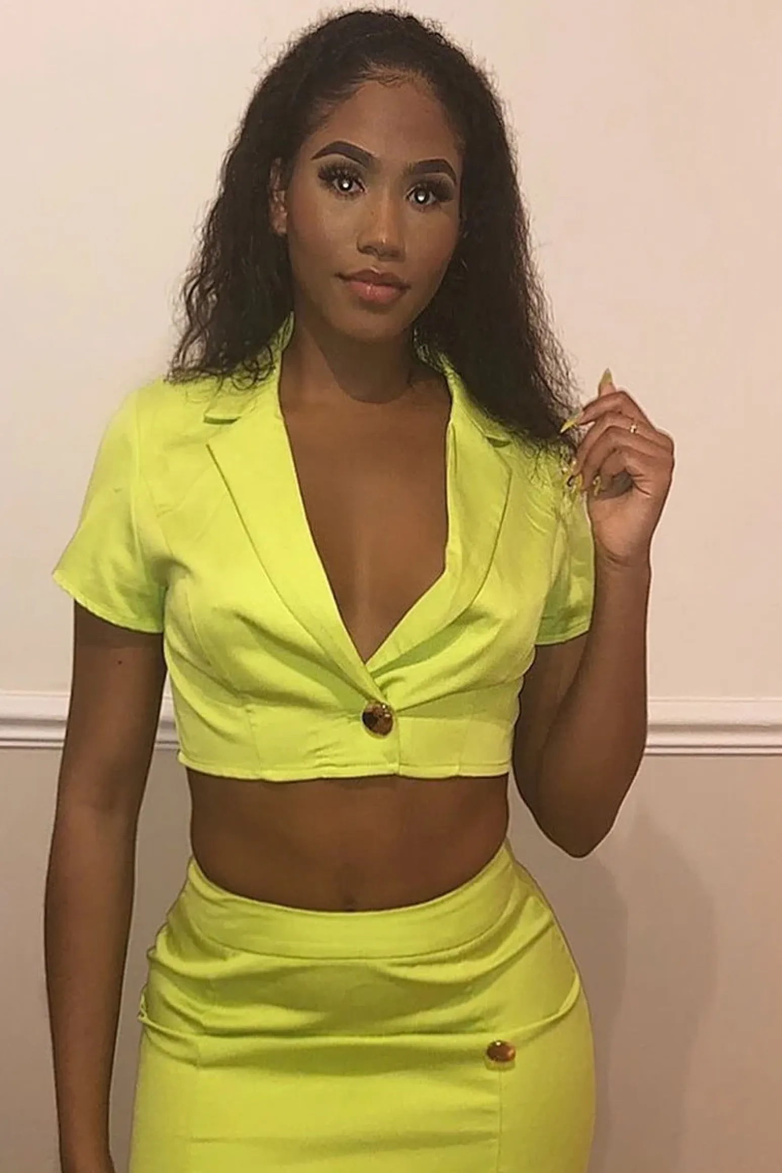 Rebellious Fashion Lime Crop Gold Button Detail Shirt Co-Ord - Kaily