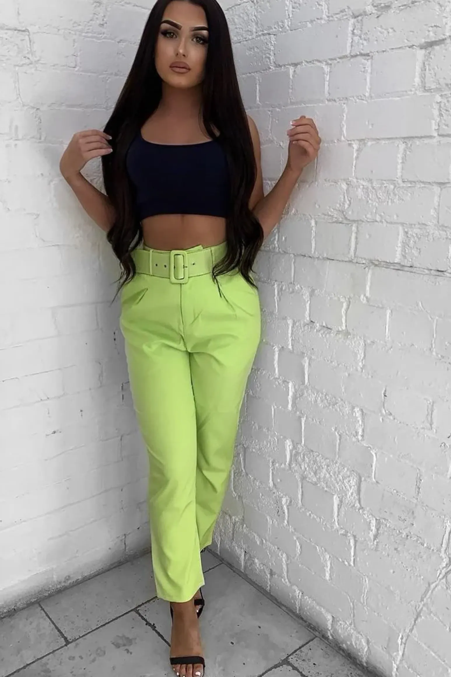 Rebellious Fashion Lime Green Belted Tapered Peg Trousers - Jessika