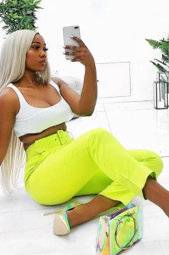 Rebellious Fashion Lime Green Belted Tapered Peg Trousers - Jessika