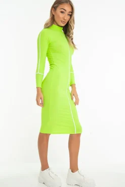 Rebellious Fashion Lime Green Contrast Stripe Detail High Neck Midi Dress - Niana
