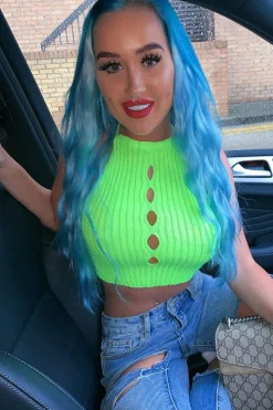 Rebellious Fashion Lime Green Knit Halterneck Button Crop Top - Penina