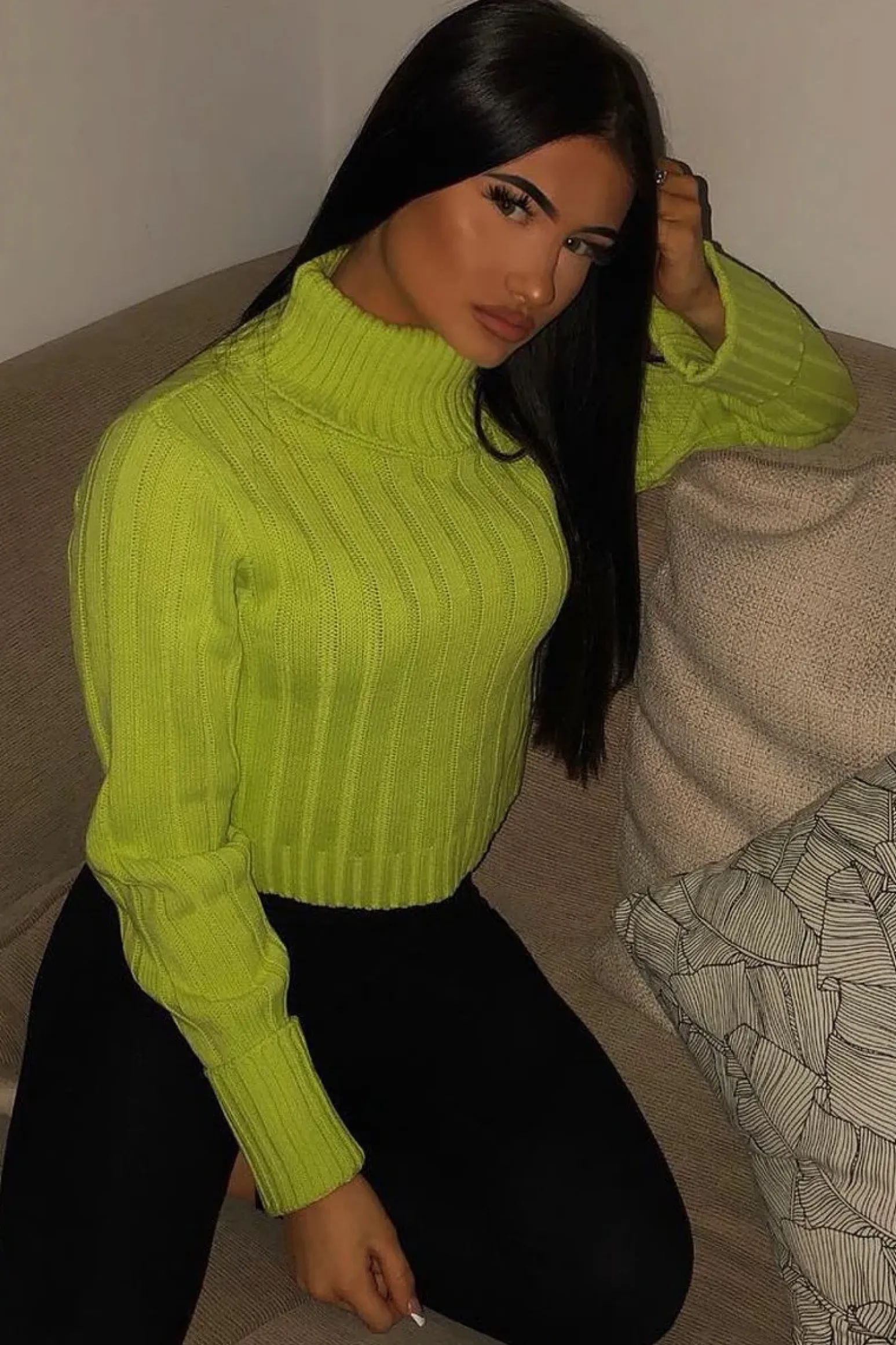 Rebellious Fashion Lime Green Knit High Neck Jumper - Jaelynn