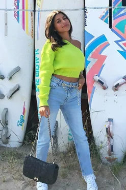 Rebellious Fashion Lime Green Knitted One Shoulder Jumper - Jayleah