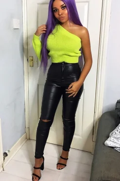 Rebellious Fashion Lime Green Knitted One Shoulder Jumper - Jayleah