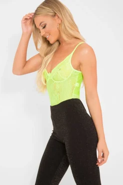 Rebellious Fashion Lime Green Sheer Lace Bodysuit - Katia