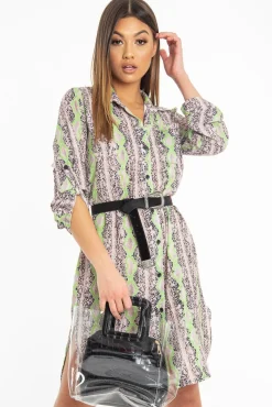 Rebellious Fashion Lime Green Snake Print Oversized Shirt Dress - Joselynn