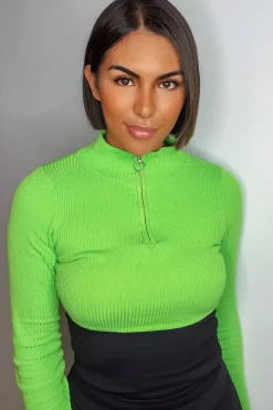 Rebellious Fashion Lime Half Zip Rib Crop Jumper - Elisea