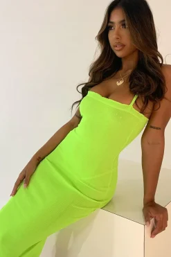 Rebellious Fashion Lime Ribbed Frill Edge Midi Dress - Aalani