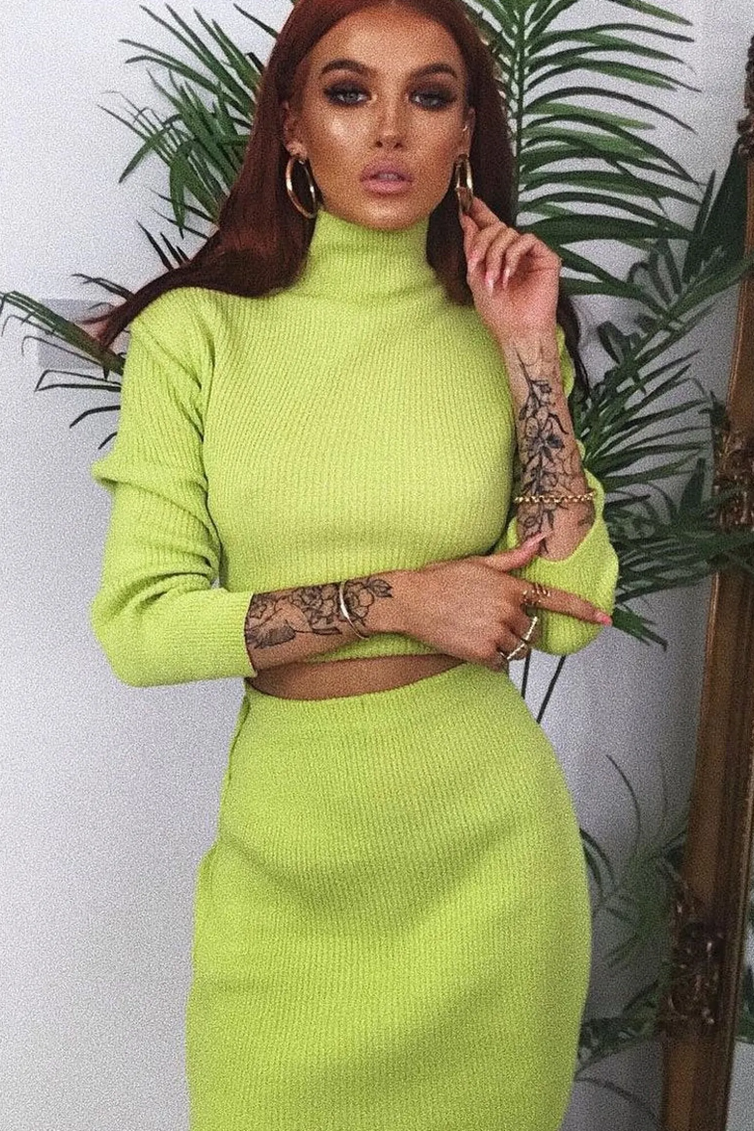 Rebellious Fashion Lime Rib Knit Crop Jumper Mini Skirt Co-Ord - Katie