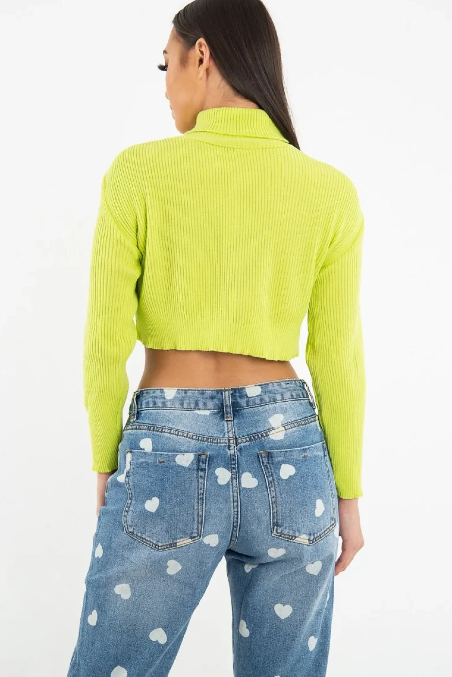 Rebellious Fashion Lime Rib Roll Neck Crop Jumper - Hayvin
