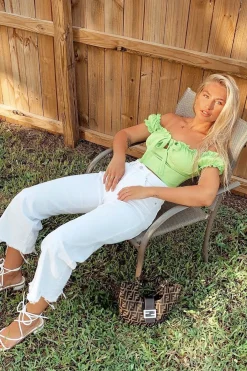 Rebellious Fashion Lime Ruffle Tie Front Bardot Crop Top - Pandora