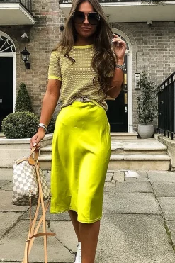Rebellious Fashion Lime Satin High Waist Floaty Midi Skirt - Dasha