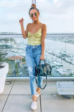 Rebellious Fashion Lime Satin Lace Plunge Bodysuit - Zaida