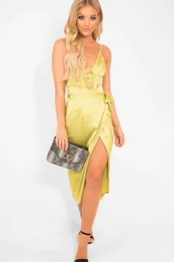 Rebellious Fashion Lime Satin Lace Plunge Bodysuit - Zaida