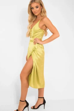 Rebellious Fashion Lime Satin Lace Plunge Bodysuit - Zaida