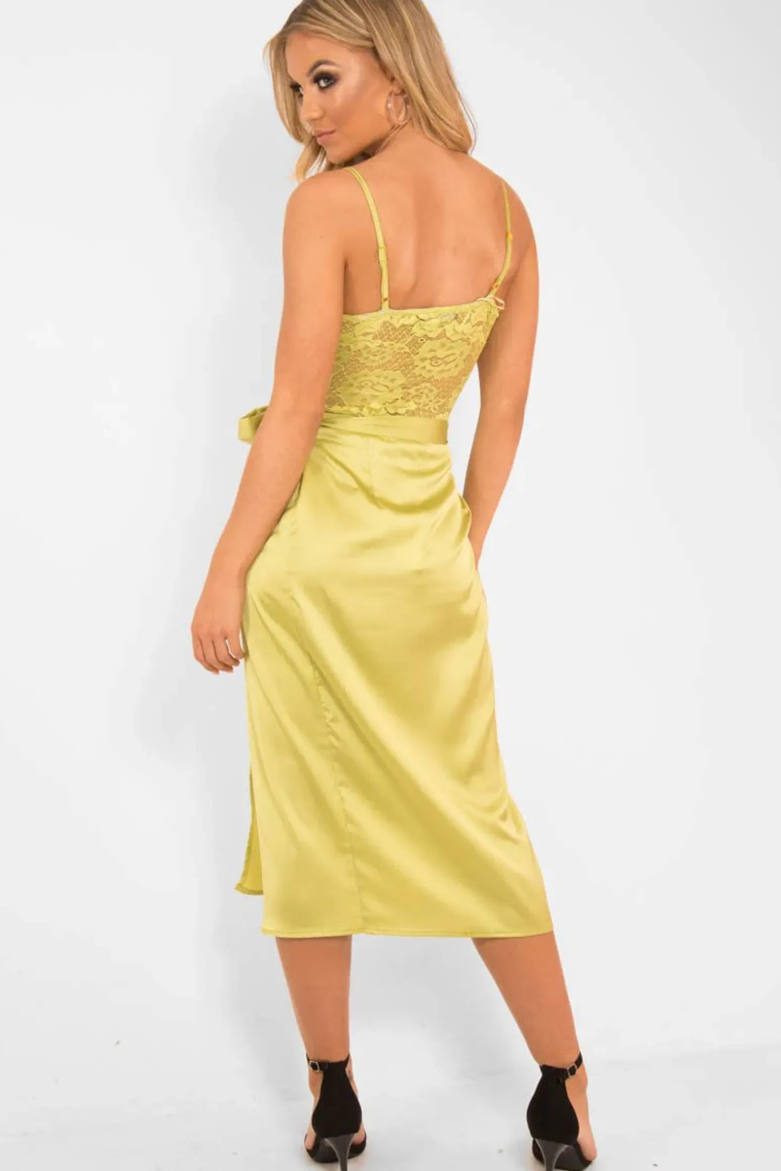 Rebellious Fashion Lime Satin Lace Plunge Bodysuit - Zaida