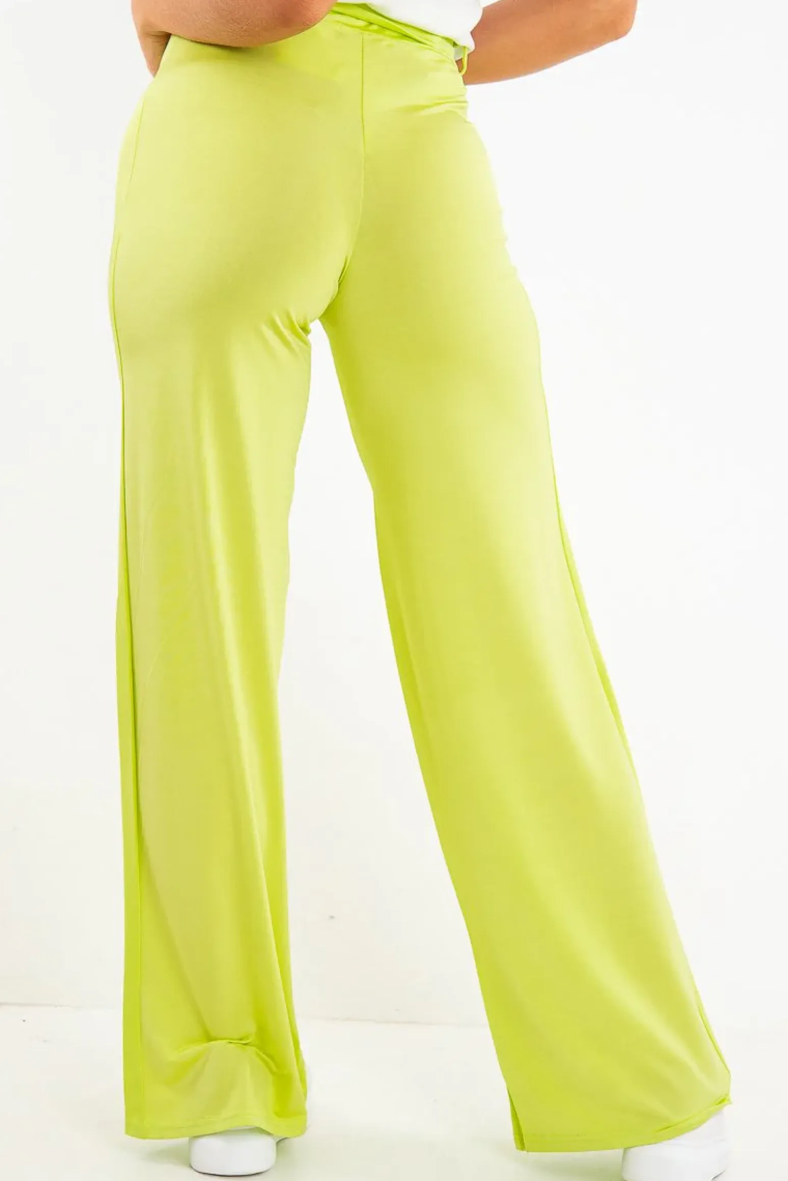 Rebellious Fashion Lime Slinky Tie Detail Wide Leg Trousers - Jenelle