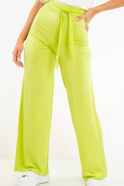 Rebellious Fashion Lime Slinky Tie Detail Wide Leg Trousers - Jenelle