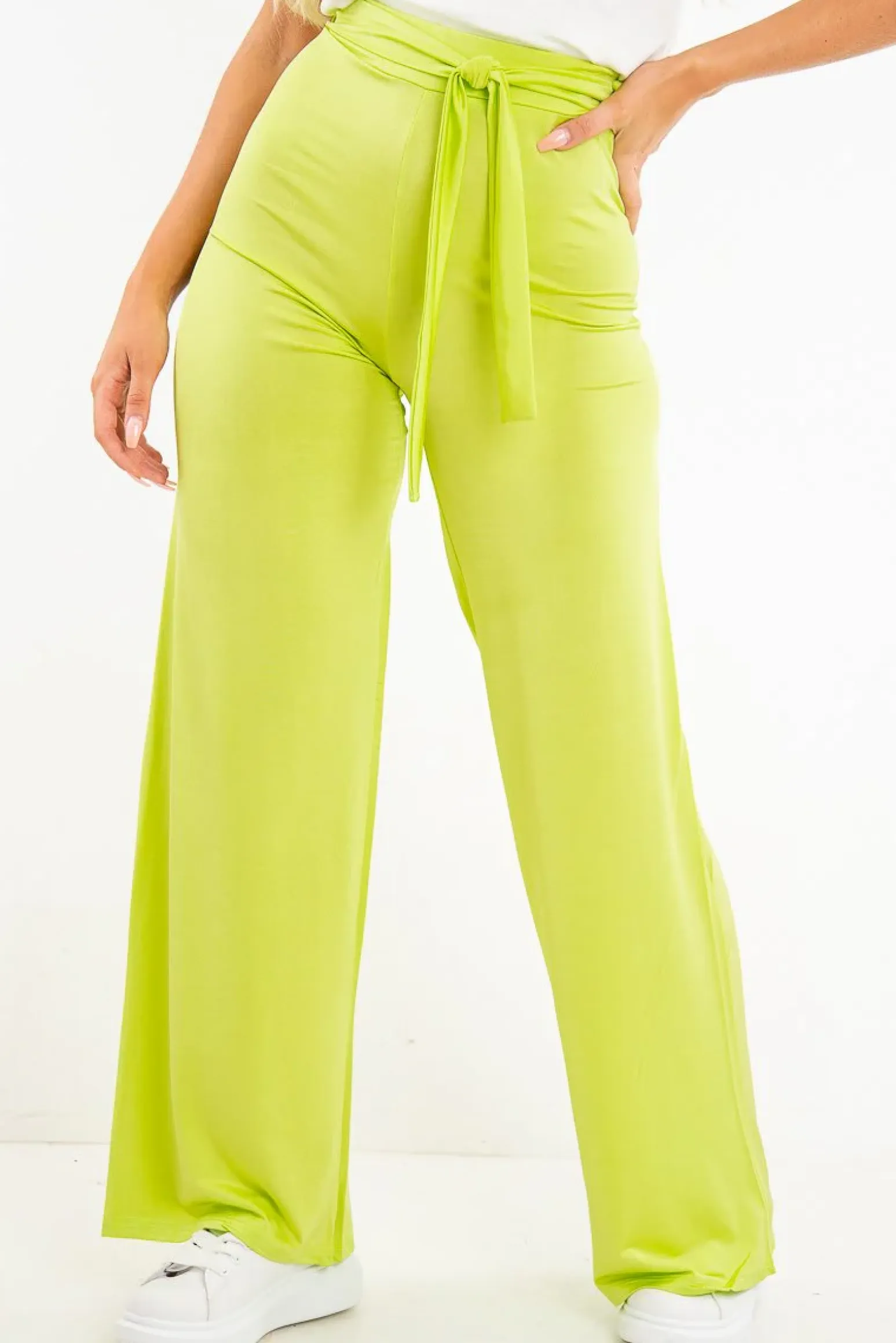 Rebellious Fashion Lime Slinky Tie Detail Wide Leg Trousers - Jenelle