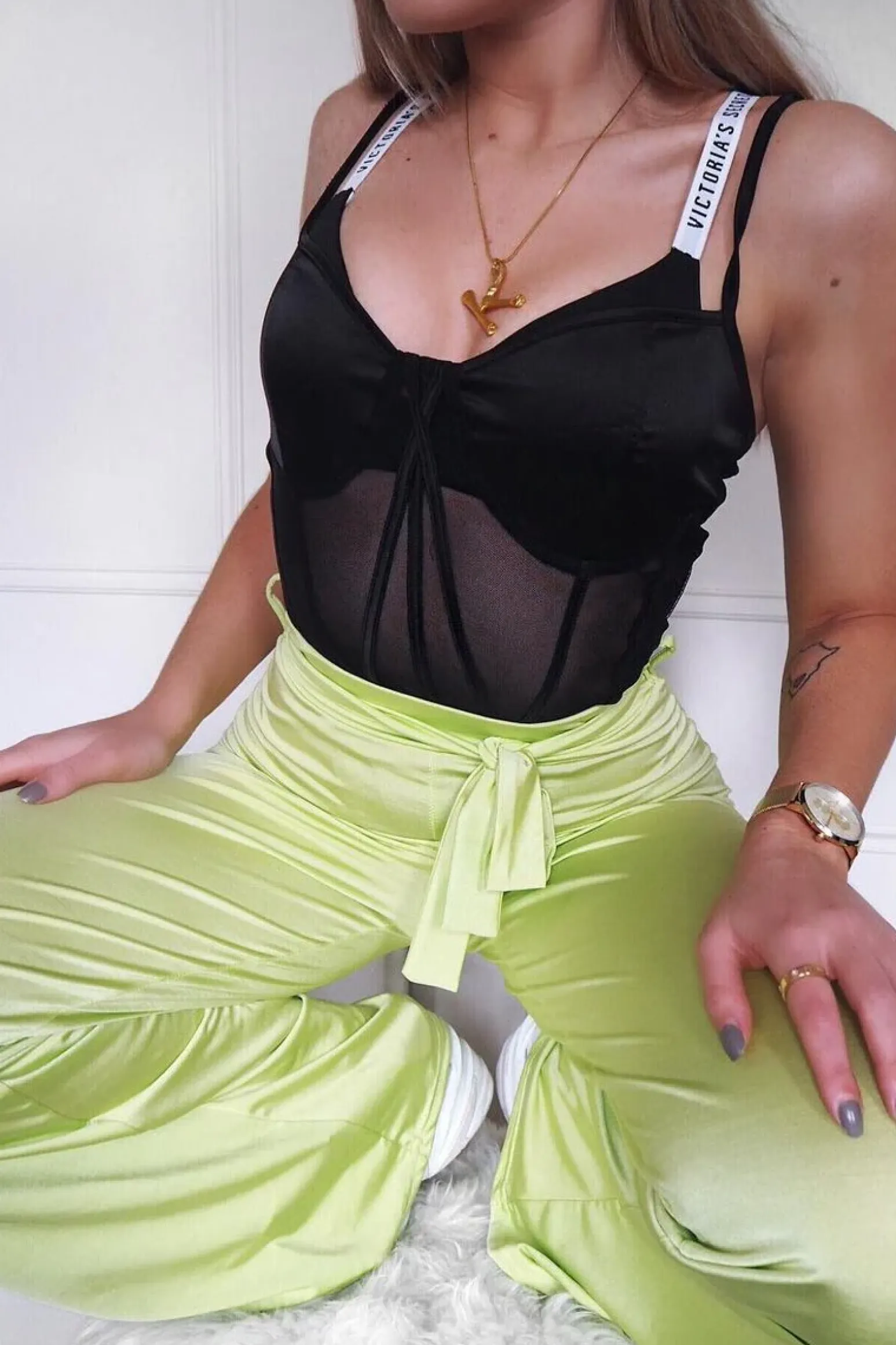 Rebellious Fashion Lime Slinky Tie Detail Wide Leg Trousers - Jenelle