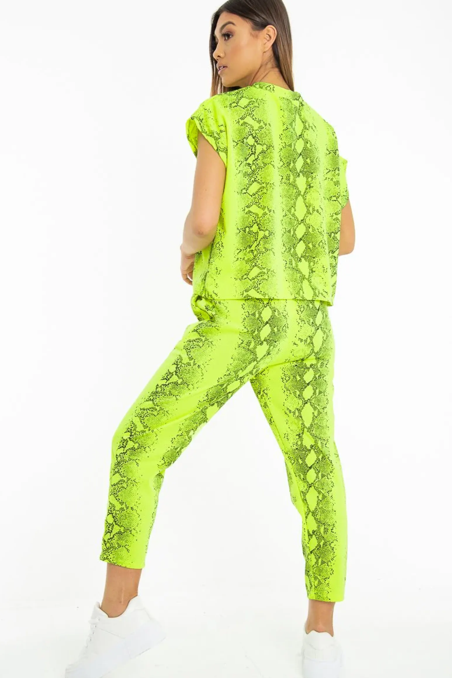 Rebellious Fashion Lime Snake Print Short Sleeve Sweatshirt and Jogger Set - Aaliyan