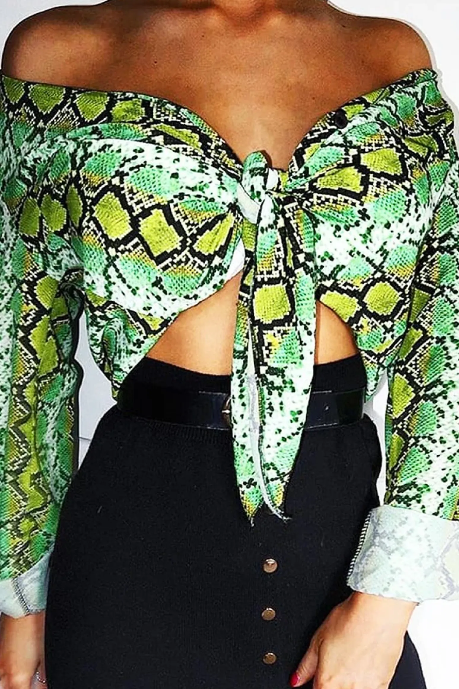 Rebellious Fashion Lime Snake Print Tie Front Shirt - Maisha