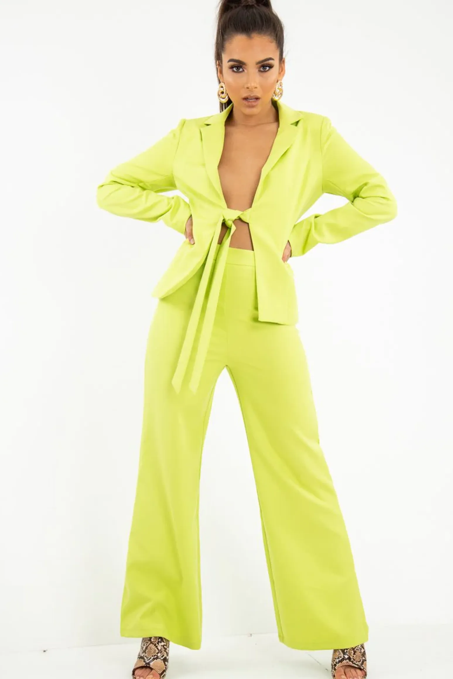 Rebellious Fashion Lime Tie Front Blazer Wide Leg Trouser Co-Ord - Saphira