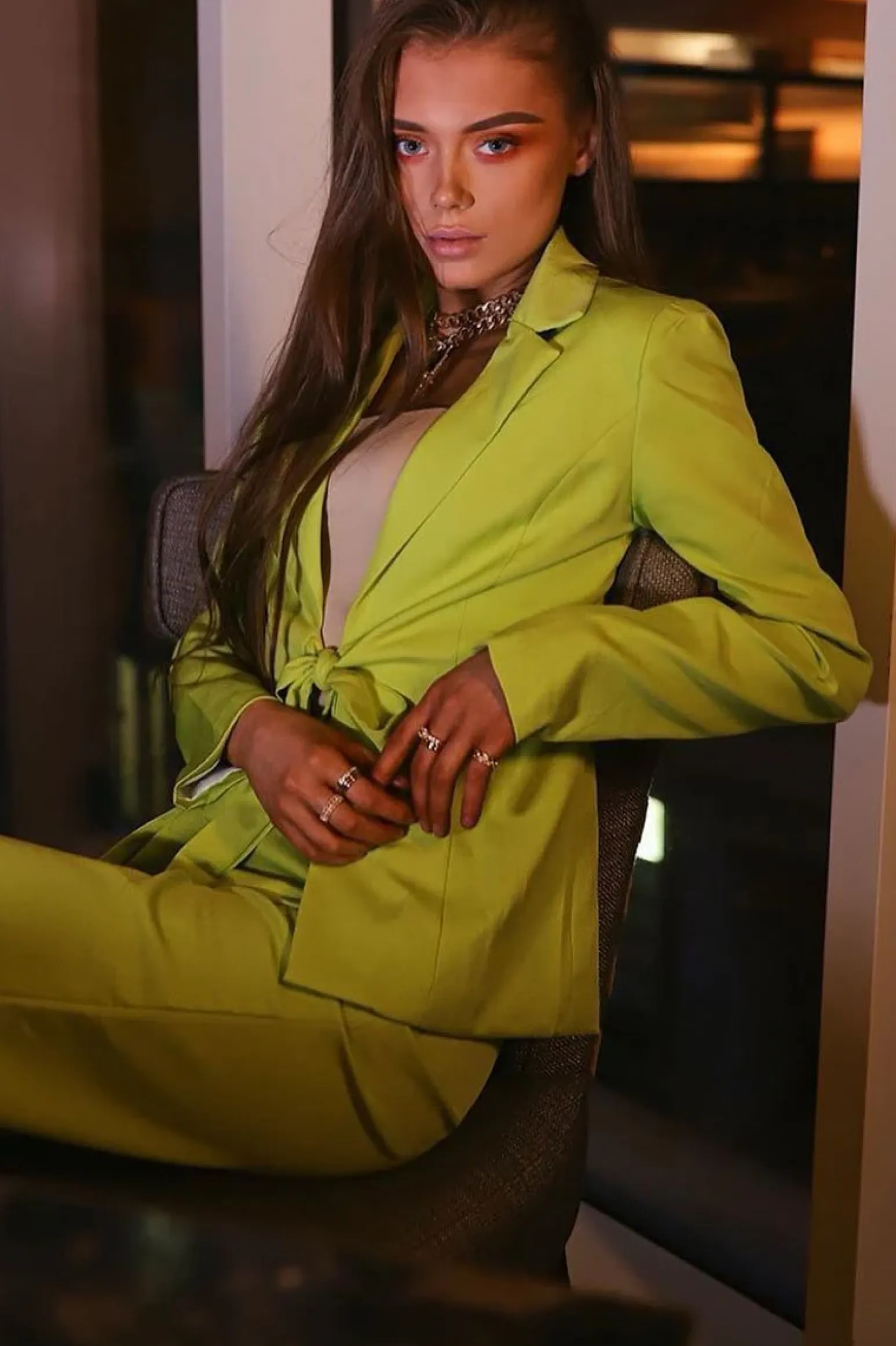 Rebellious Fashion Lime Tie Front Blazer Wide Leg Trouser Co-Ord - Saphira