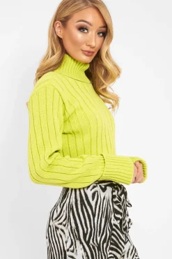 Rebellious Fashion Lime Wide Rib Roll Neck Jumper - Joyanna
