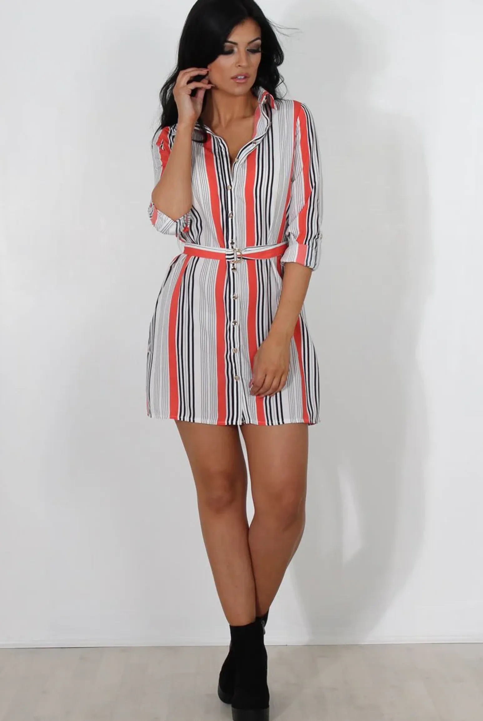 Rebellious Fashion Linn Orange D Ring Belted Shirt Dress