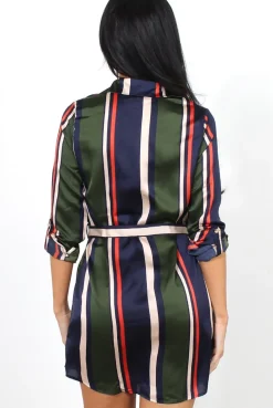 Rebellious Fashion Lizzy Khaki Striped Shirt Dress