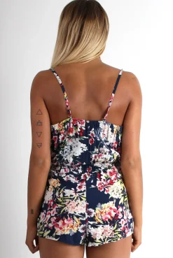 Rebellious Fashion Lolly Navy Floral V Front Playsuit