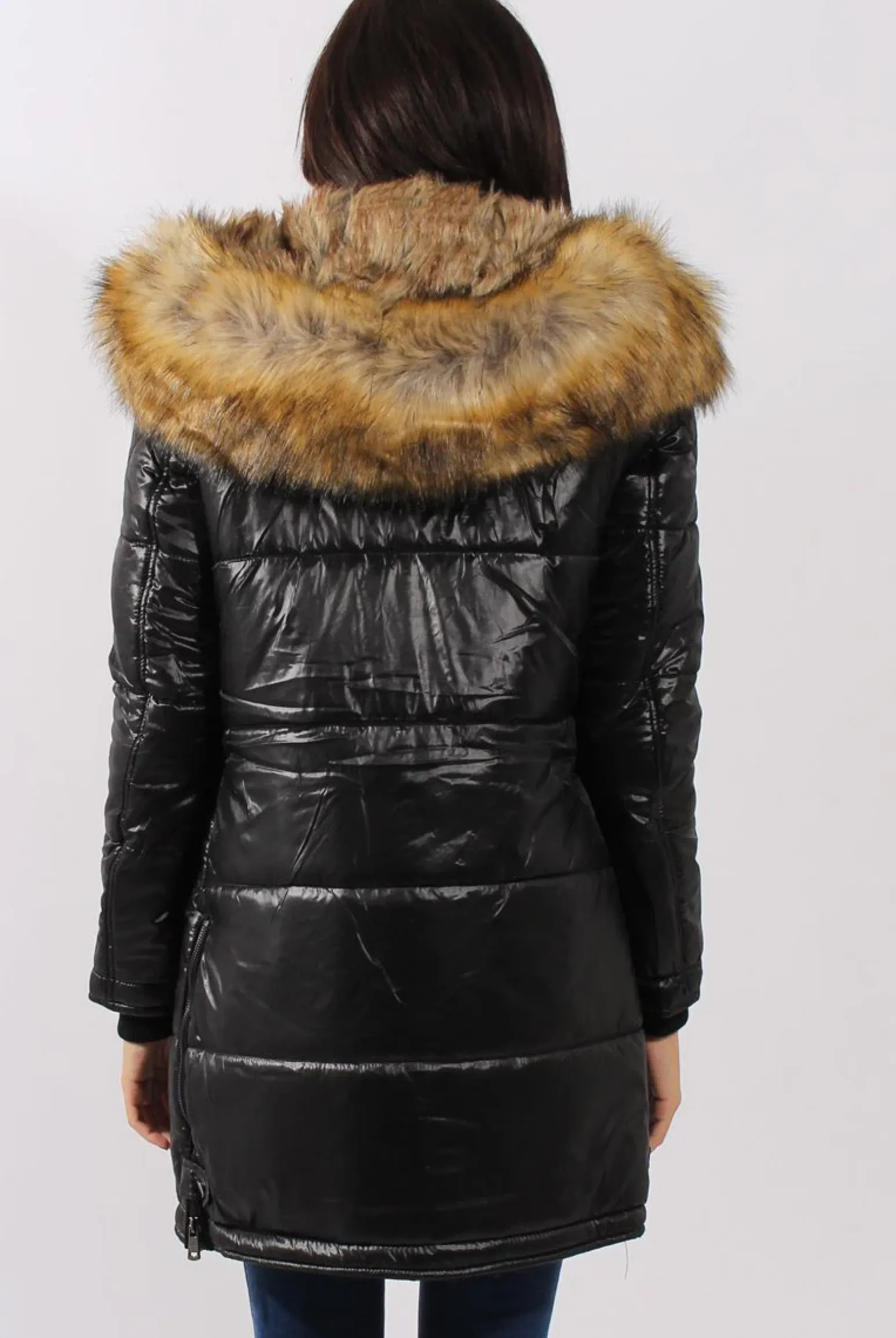 Rebellious Fashion Long Black Quilted Coat with Faux Fur Hood Trim - Charlotte