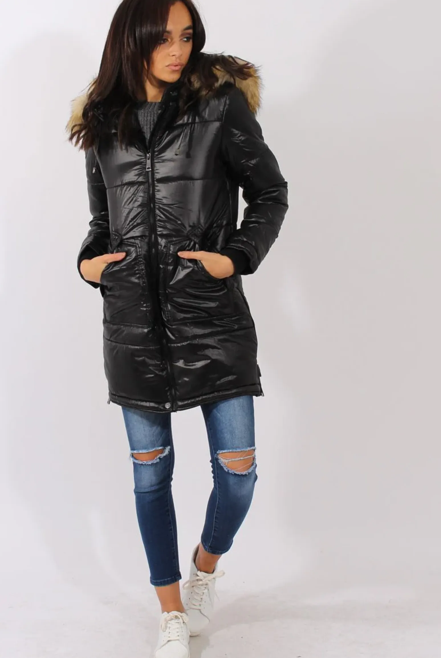 Rebellious Fashion Long Black Quilted Coat with Faux Fur Hood Trim - Charlotte