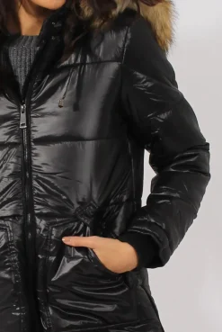 Rebellious Fashion Long Black Quilted Coat with Faux Fur Hood Trim - Charlotte