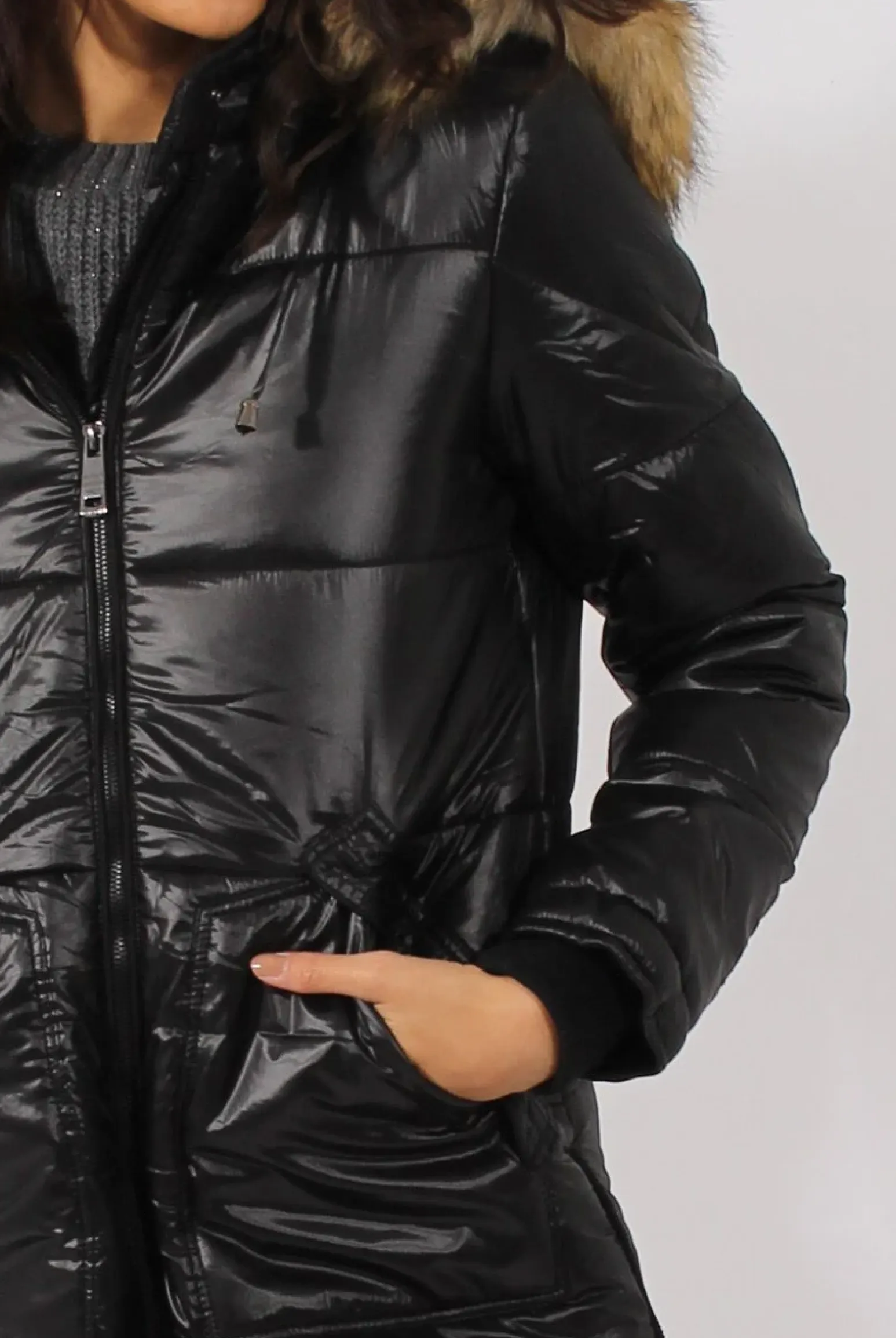 Rebellious Fashion Long Black Quilted Coat with Faux Fur Hood Trim - Charlotte