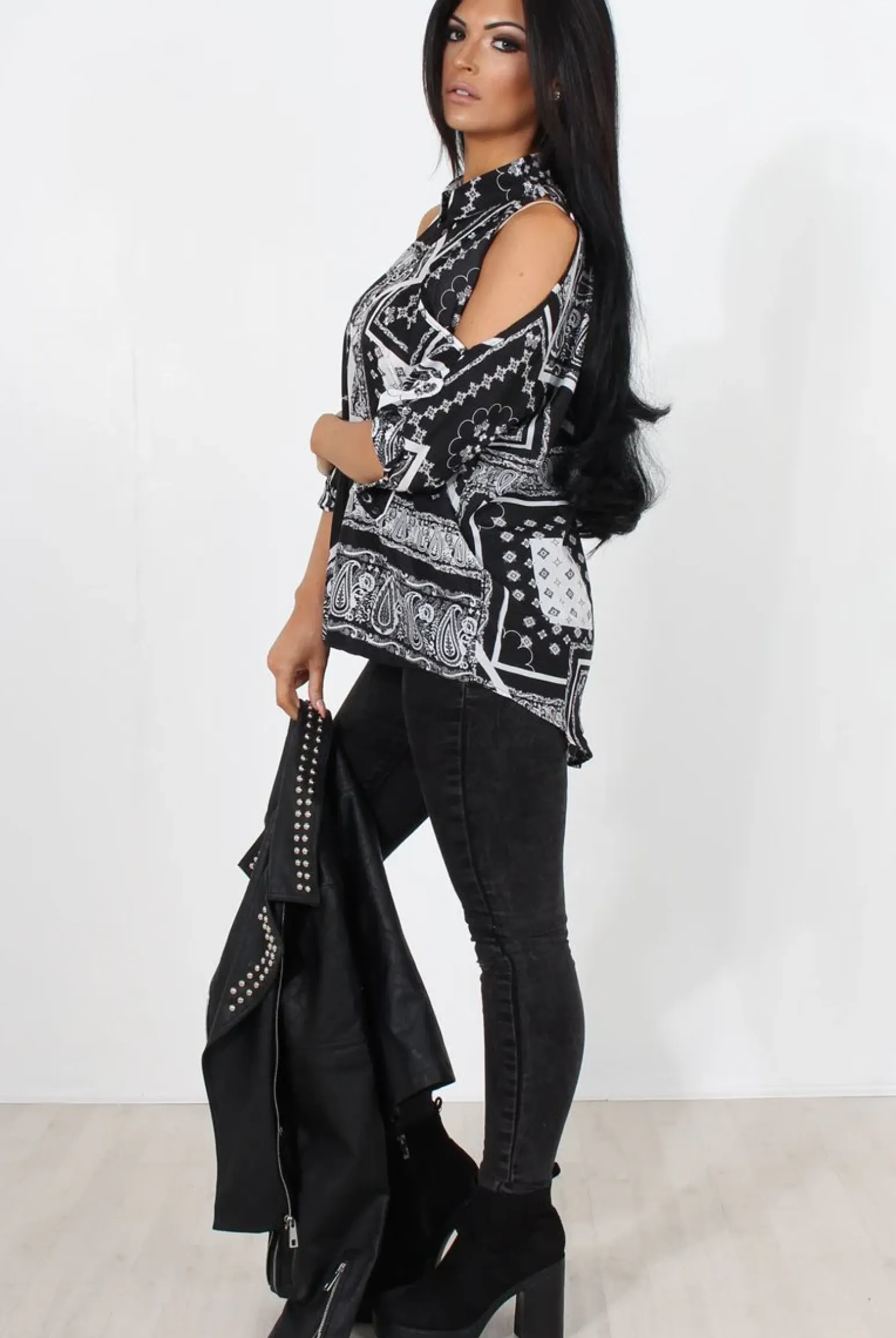 Rebellious Fashion Lori Black Paisley Cold Shoulder Shirt