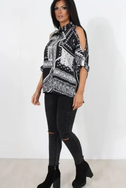Rebellious Fashion Lori Black Paisley Cold Shoulder Shirt
