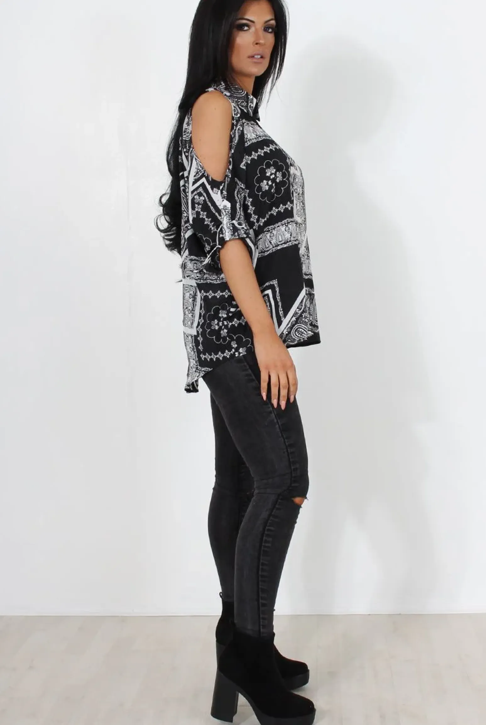 Rebellious Fashion Lori Black Paisley Cold Shoulder Shirt