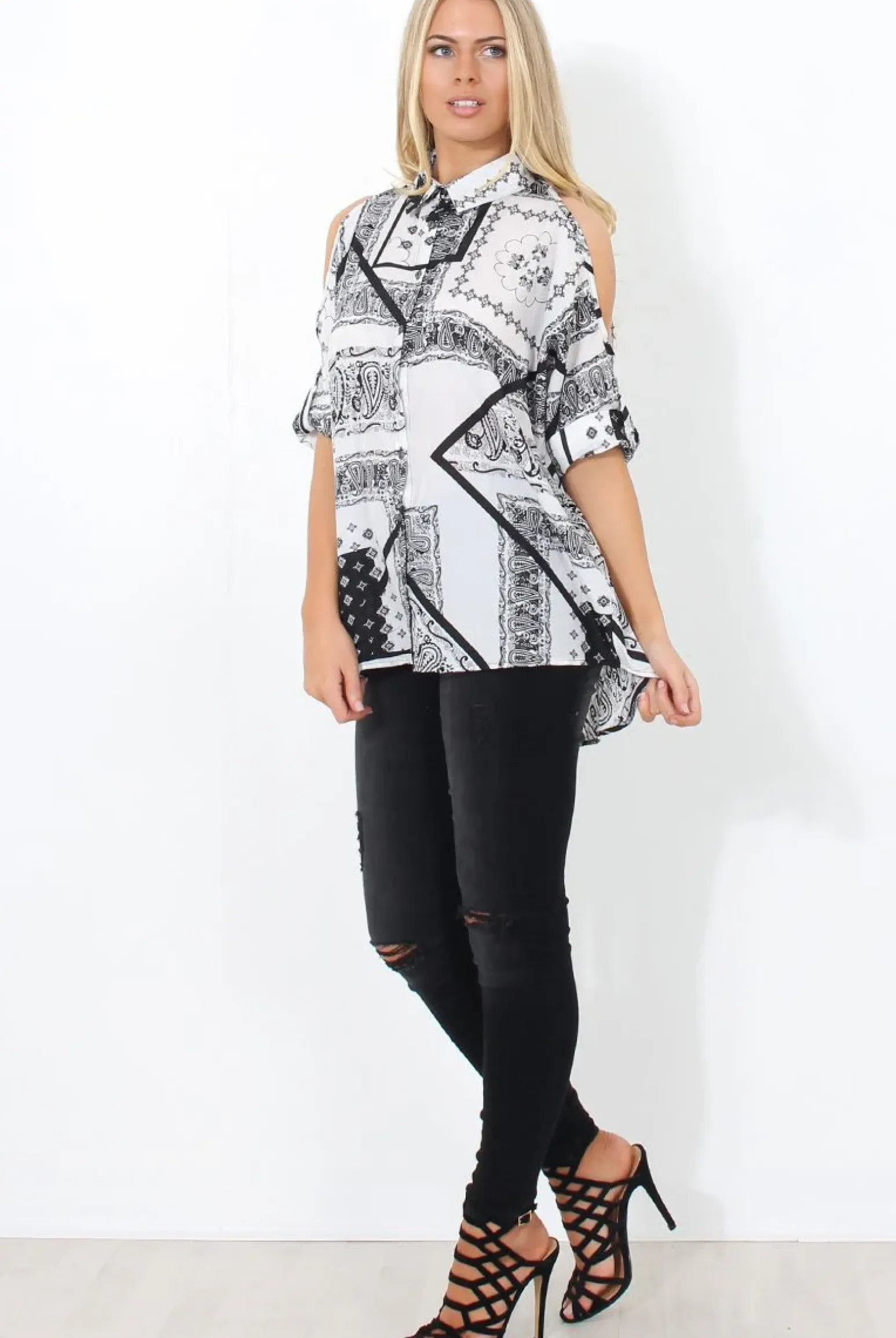 Rebellious Fashion Lori White Paisley Cold Shoulder Shirt