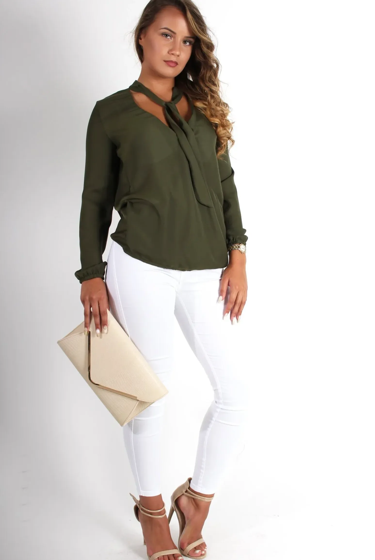 Rebellious Fashion Lottie Khaki V Front Tie Neck Shirt