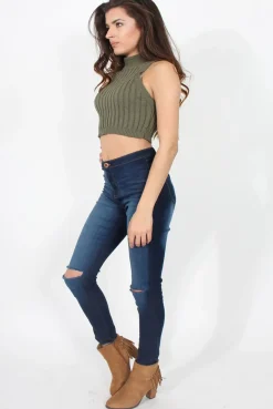 Rebellious Fashion Lucy Khaki Knitted High Neck Top