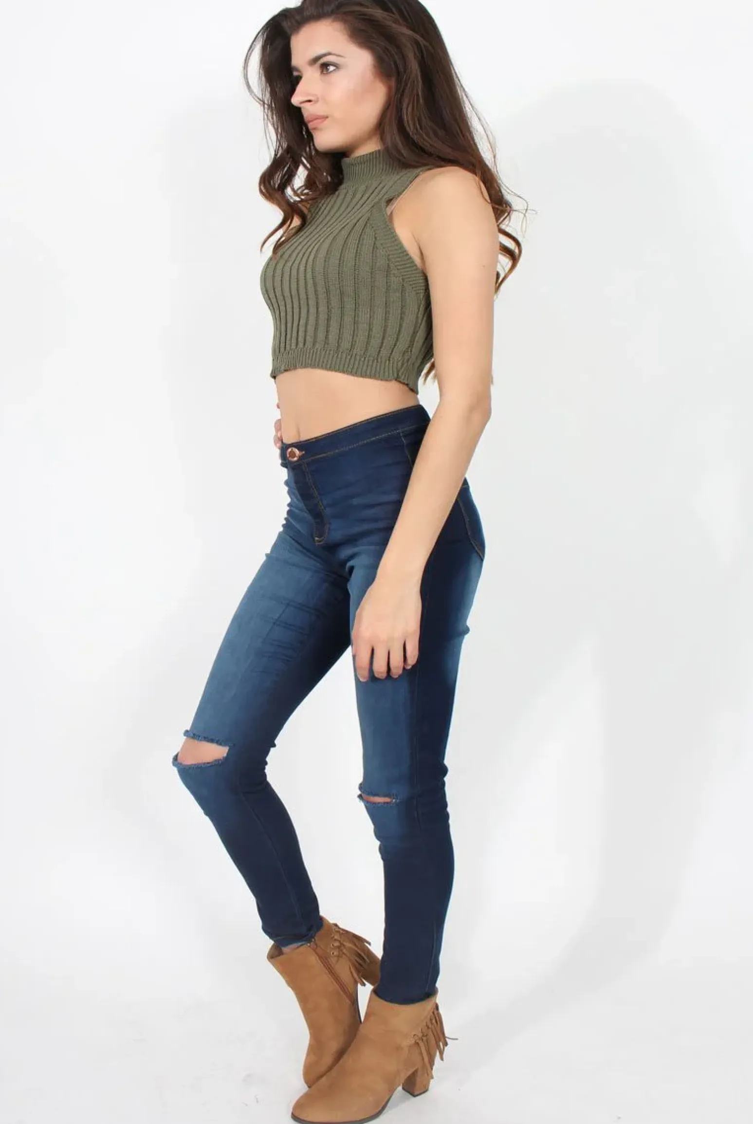 Rebellious Fashion Lucy Khaki Knitted High Neck Top