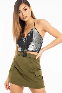 Rebellious Fashion Matte Silver Sequin Tassel Front Plunge Crop Top - Stella