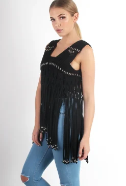 Rebellious Fashion Matti Black Sleeveless Fringe Jacket